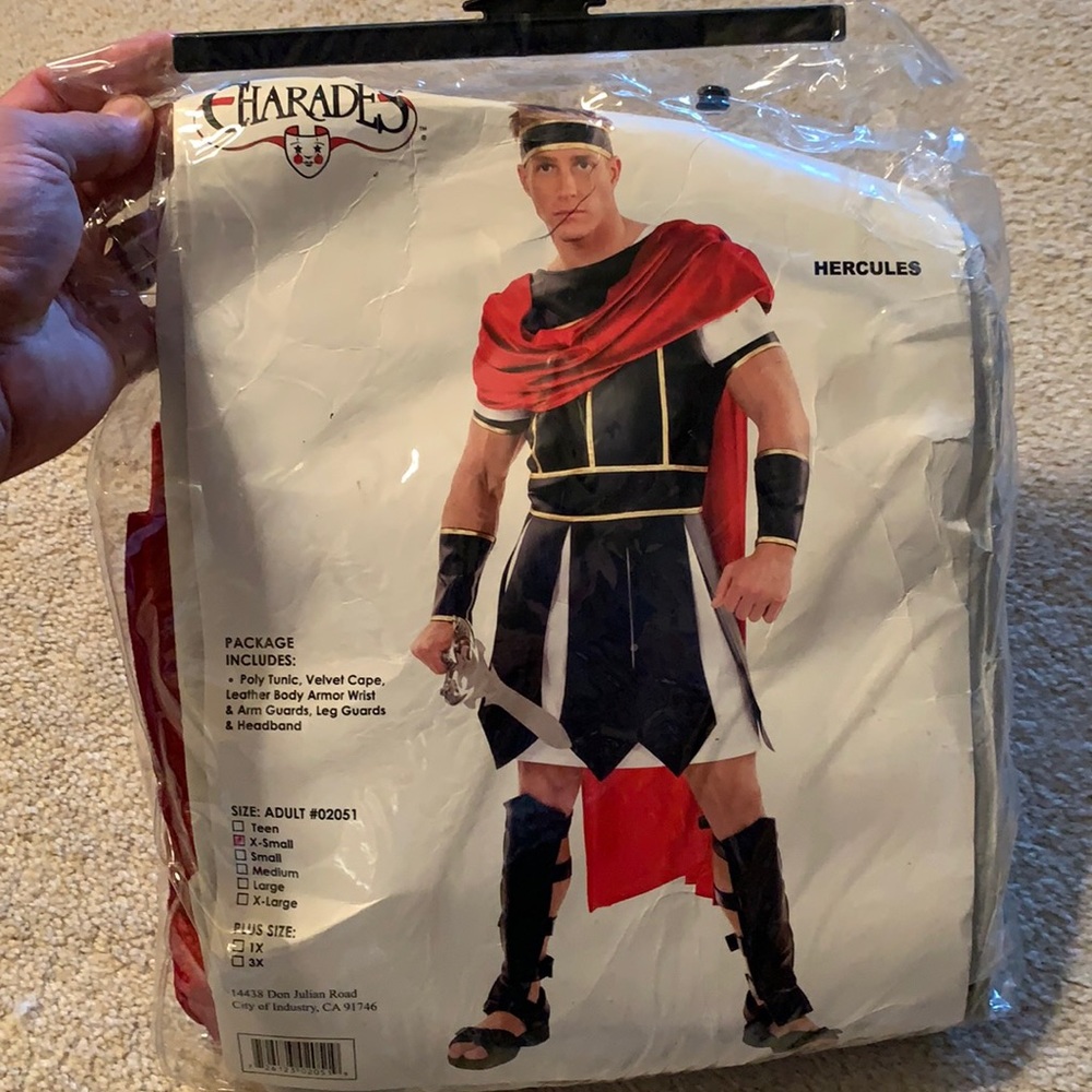 Halloween Charades Hercules costume, new in package, SZ Adult X-small.